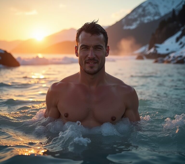 Person swimming in a mountain lake