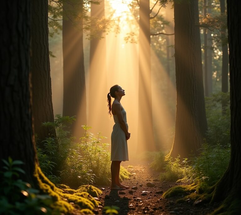 Misty forest trail with sunlight
