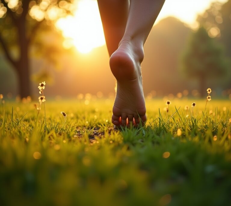 Bare feet on green grass close-up