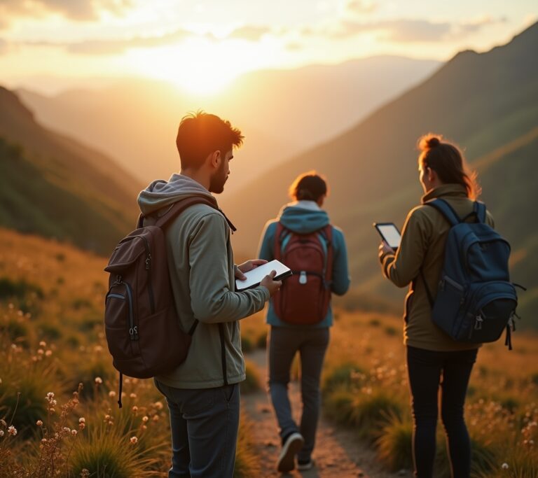 Hiker on a green mountain trail