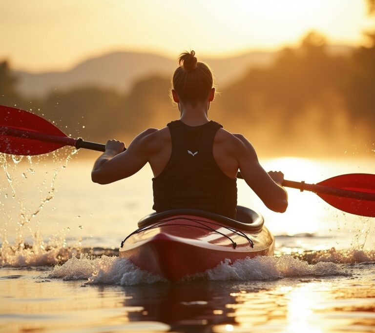 Kayaker paddling through calm river