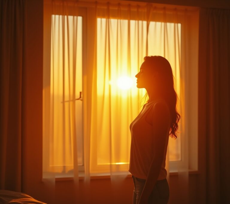 Person facing sunrise in open field