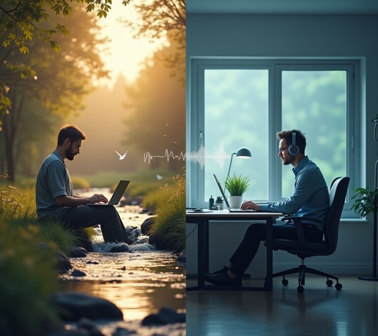 Person with headphones sitting by a stream