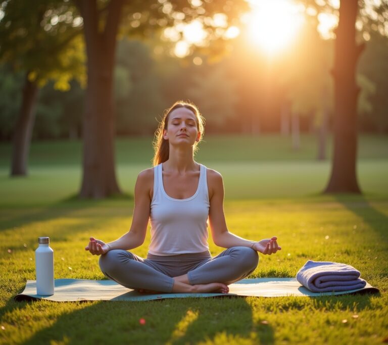 Person meditating on a rock by a stream