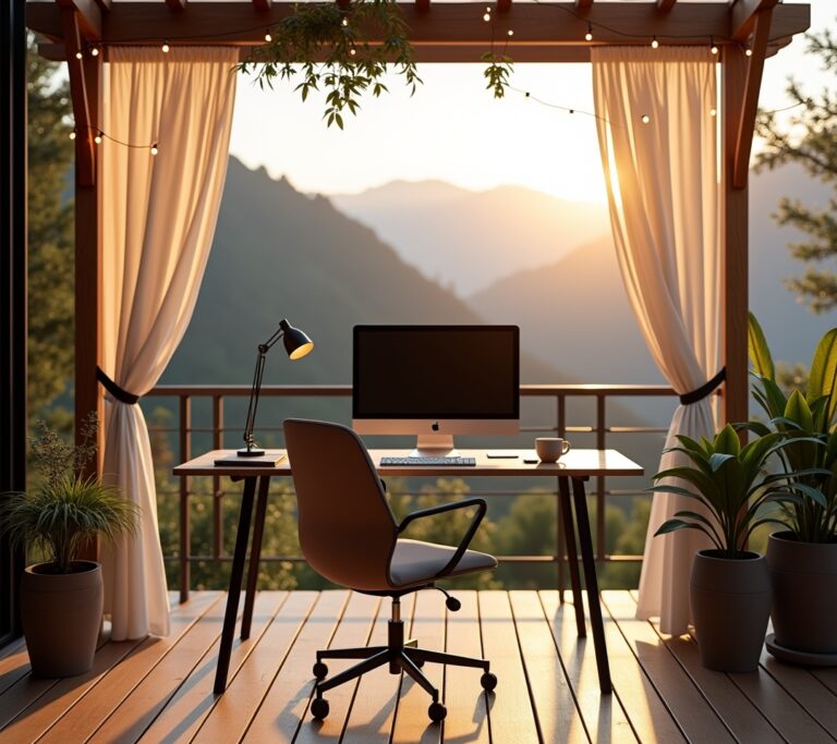 Laptop on a shaded patio table