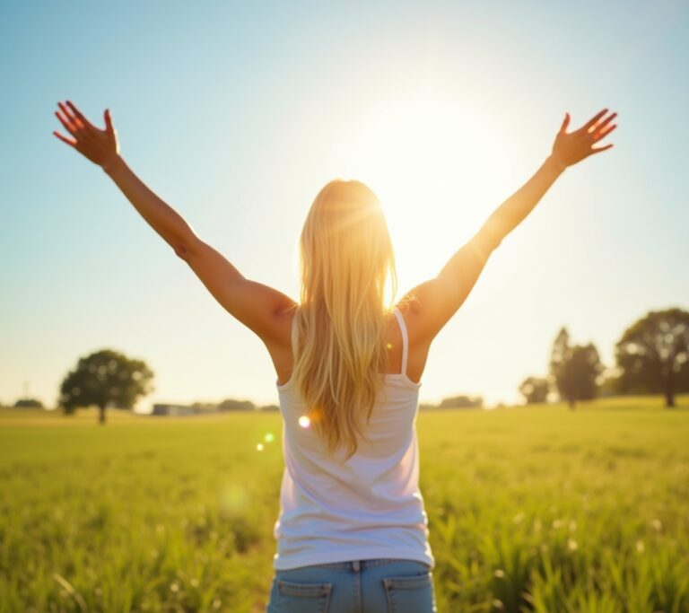 Person with arms open under bright sun