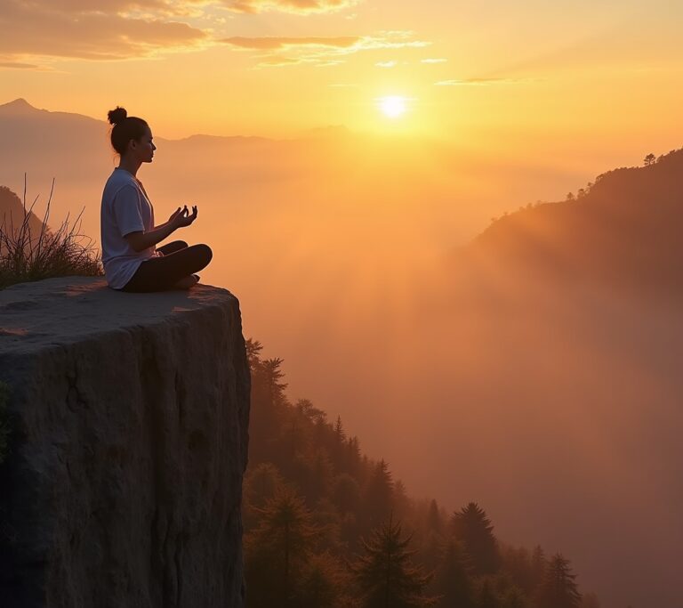 Meditator silhouette against orange sunrise