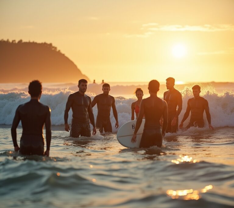 Surfer riding a small wave at dawn