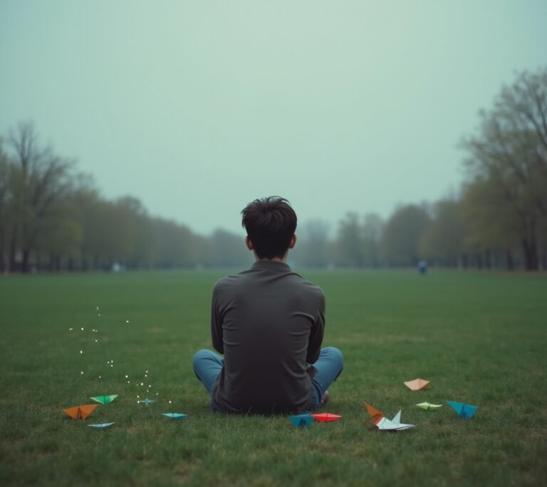 Person sitting alone on a hillside staring into the distance