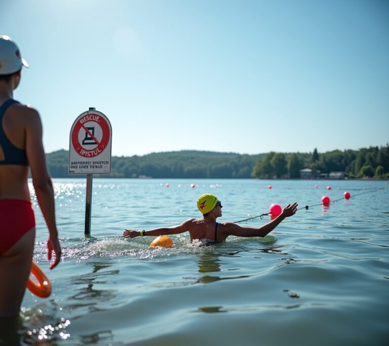 Swimmer in a lake with safety buoy