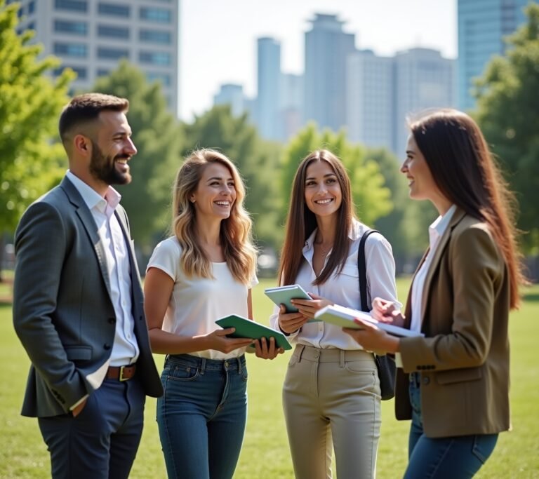 Two colleagues walking and talking in a park