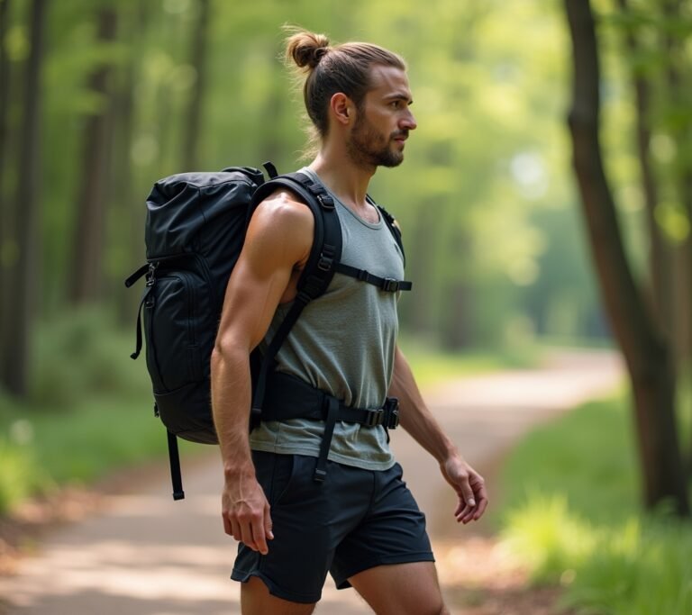 Person walking a trail with a weighted backpack
