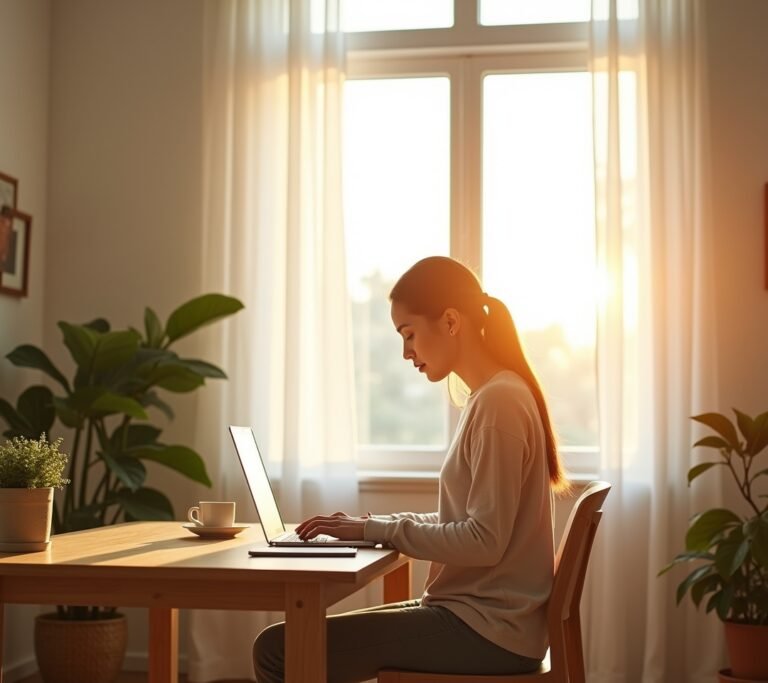 Desk positioned beside a large sunlit window