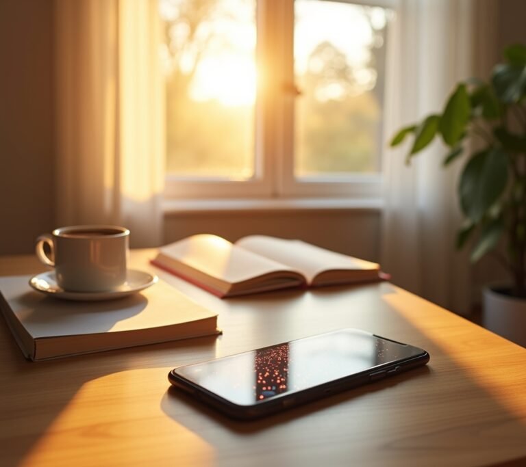 Phone in airplane mode on a Sunday morning table