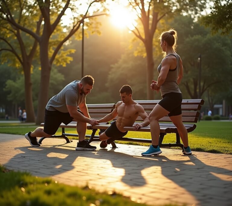 Person doing tricep dips on a park bench